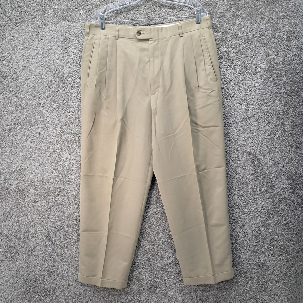Slates Original Fit Pleated Dress Pants Mens 36x29 Tan Khaki Cuffed Polyester